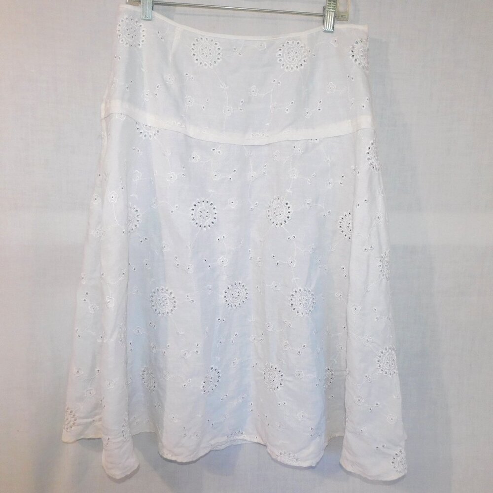Anne Carson White Linen Eyelet Lined Midi A line Skirt Womens 12